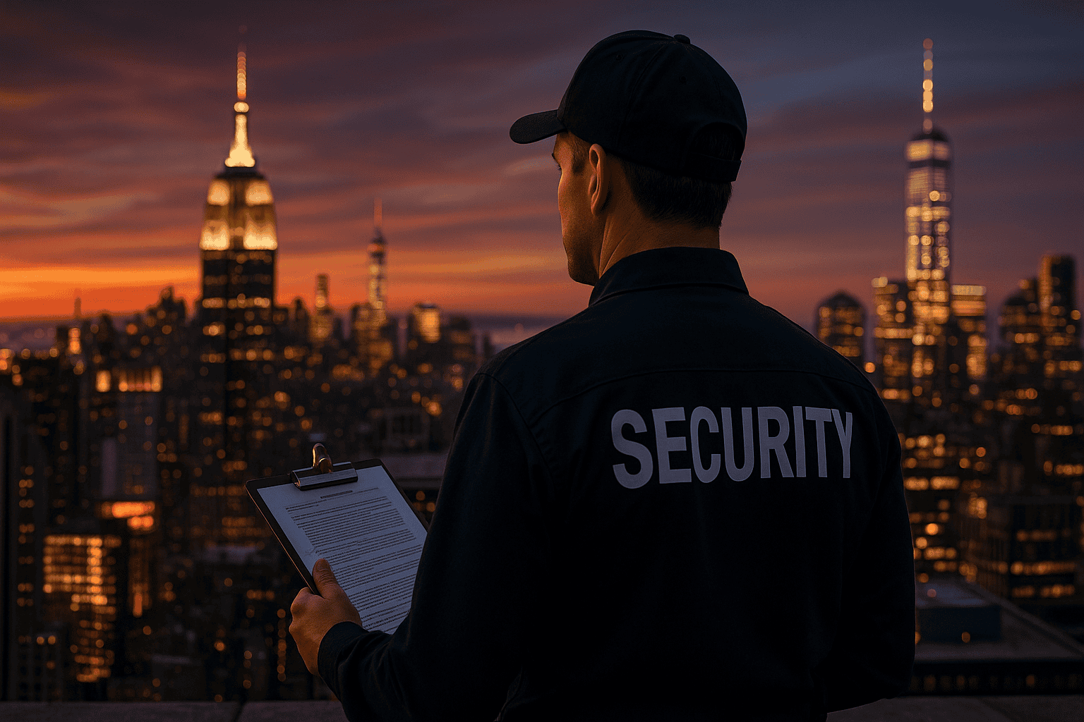 security guard looking out at skyline with clipboard